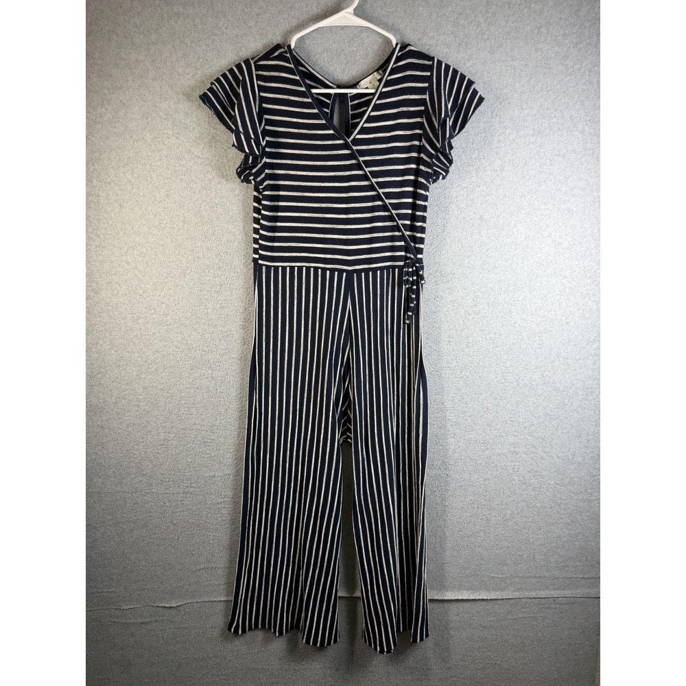Knitworks Jumpsuit Girls 16 Navy Striped Knit Flutter Sleeve Tie Waist Casual